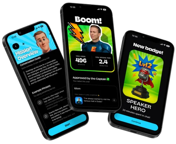 Several language-learning app mockups, each in a different creator's branding
