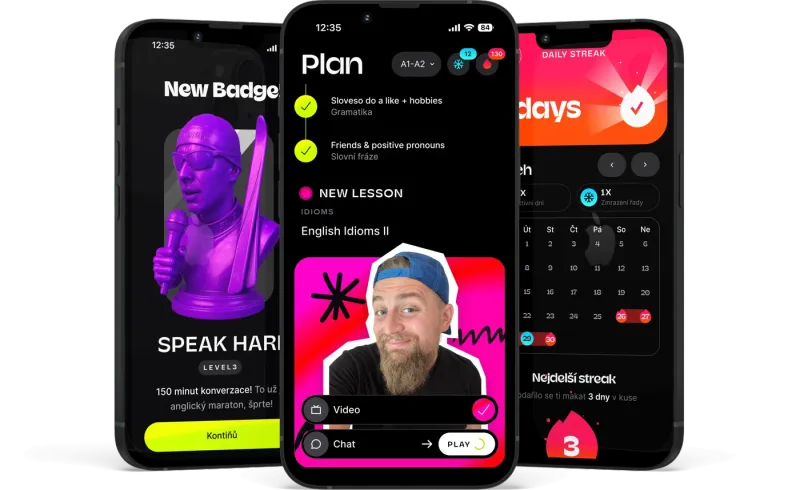 Kuba English app screens shown on several phones